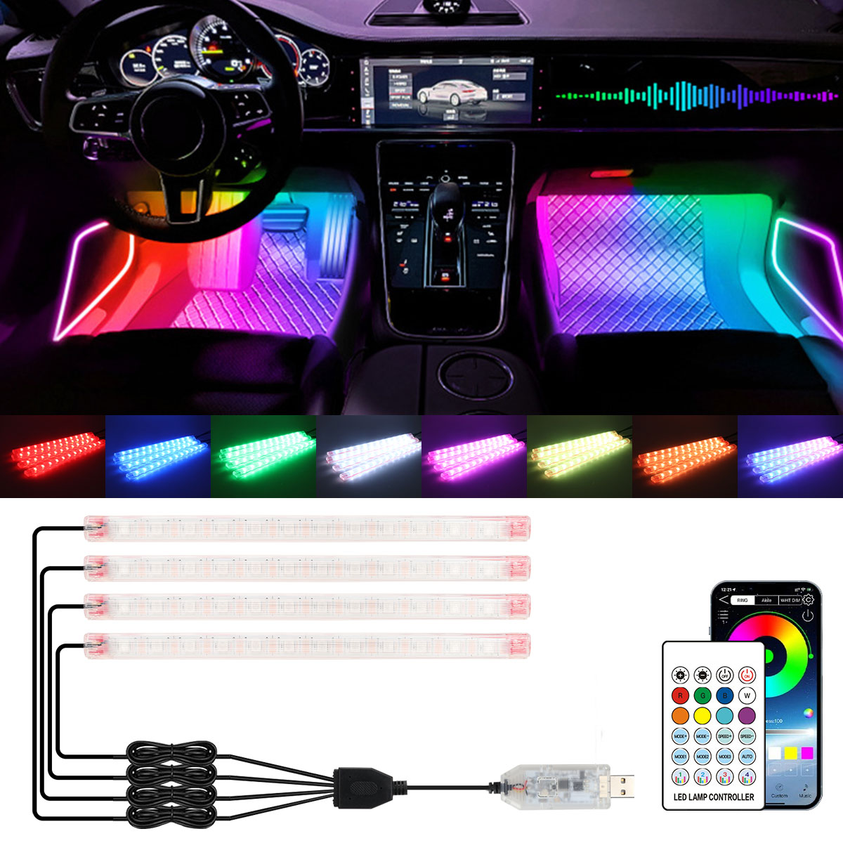 2/4in1 12/18 LED RGB Rainbow A - đánh giá và giá Led Ambient Interior Car Lights App Control
